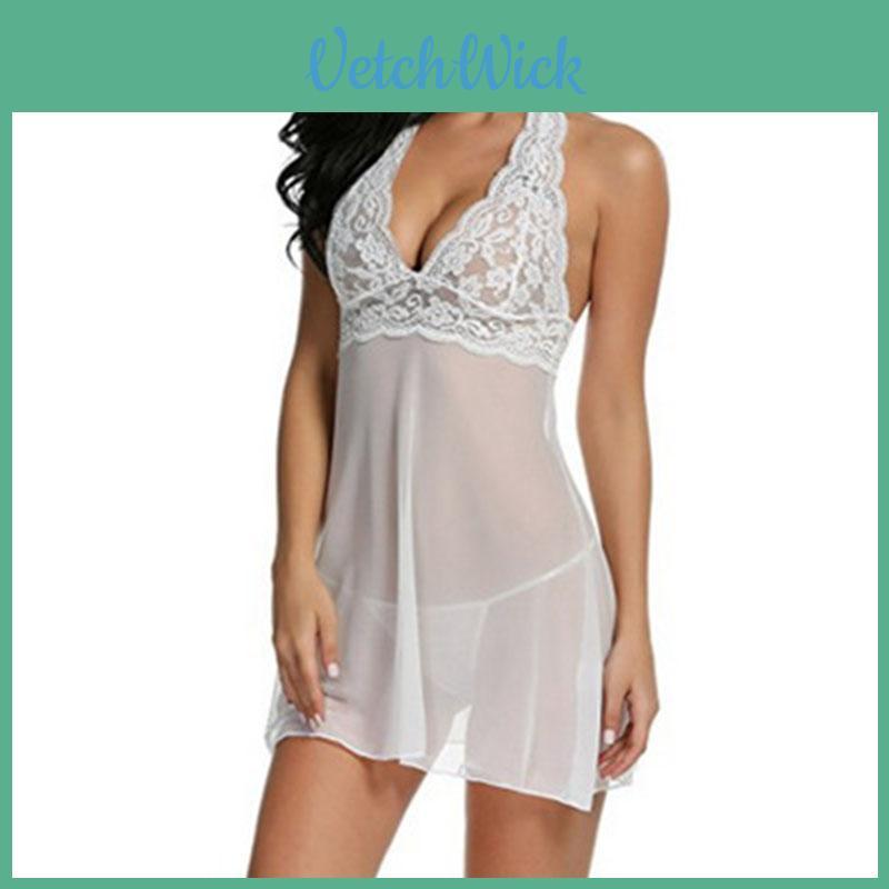 Enchanting Women Sexy Lingerie Dress Baby Doll Halter Lace Patchwork Sleepwear Nightwear