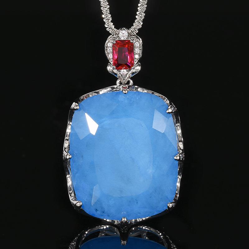 Large Cushion Cut Blue Stone Necklace Adjustable Ring Red Accent Statement Jewelry for Women Big Blue Gem Cocktail Party Gift