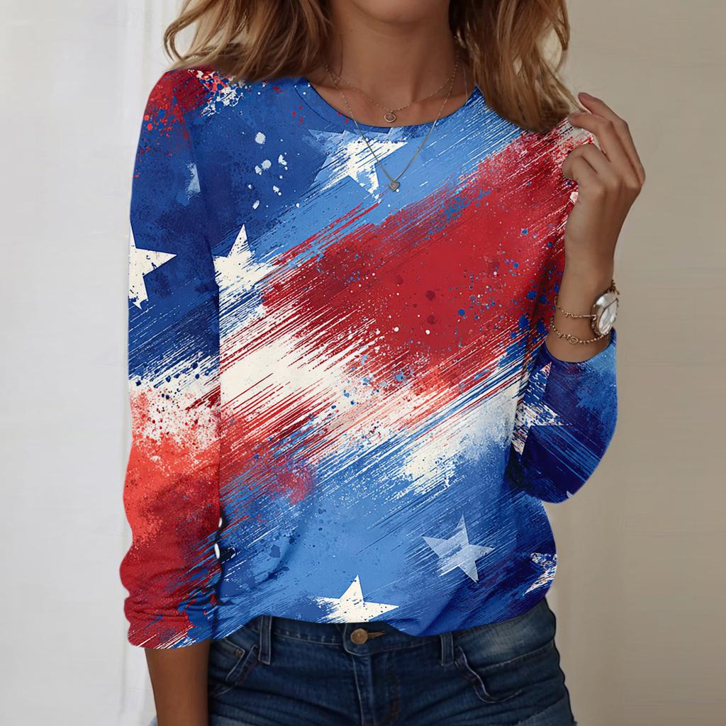 Women's Fashionable Casual Long-Sleeved Independence Day Print Neck Top