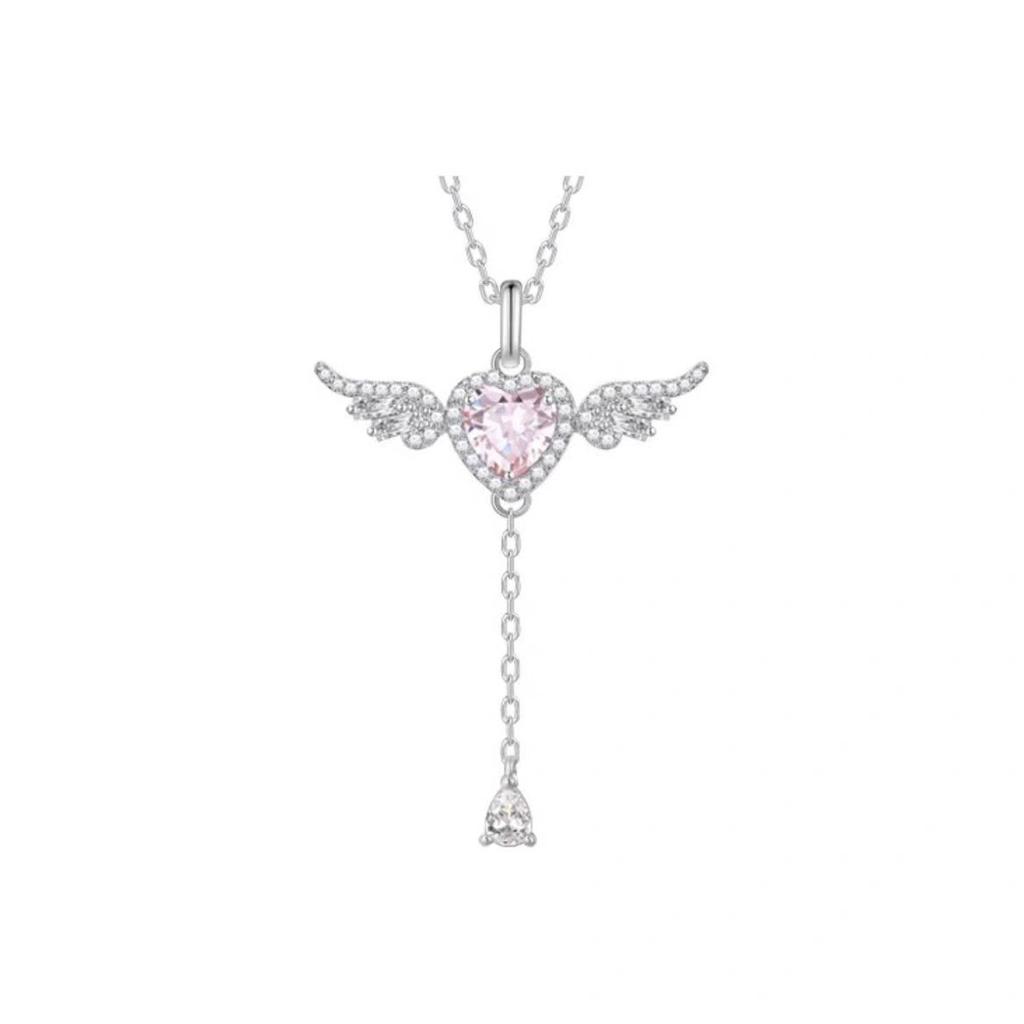 Summer New Heart Tassel Necklace Pink Crystal Pendant Wing Jewelry for Women