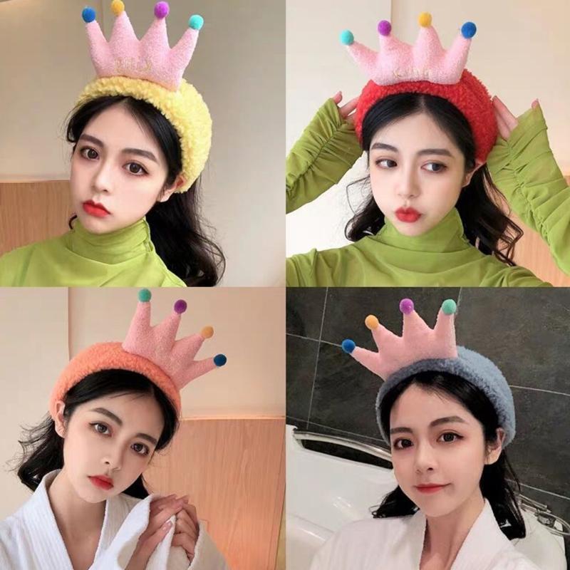 Plush Colorful Crown Hairband Soft Spa Headbands Elastic Furry Turban Non-slip Headwrap for Washing Face Makeup Tool