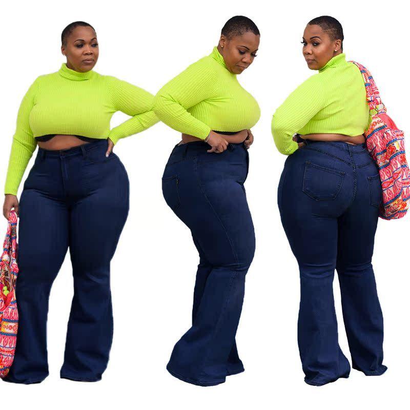 

XL-5XL plus Size Women Jeans Casual Fat Ladies Flared Pants Tibetan Blue 2XL