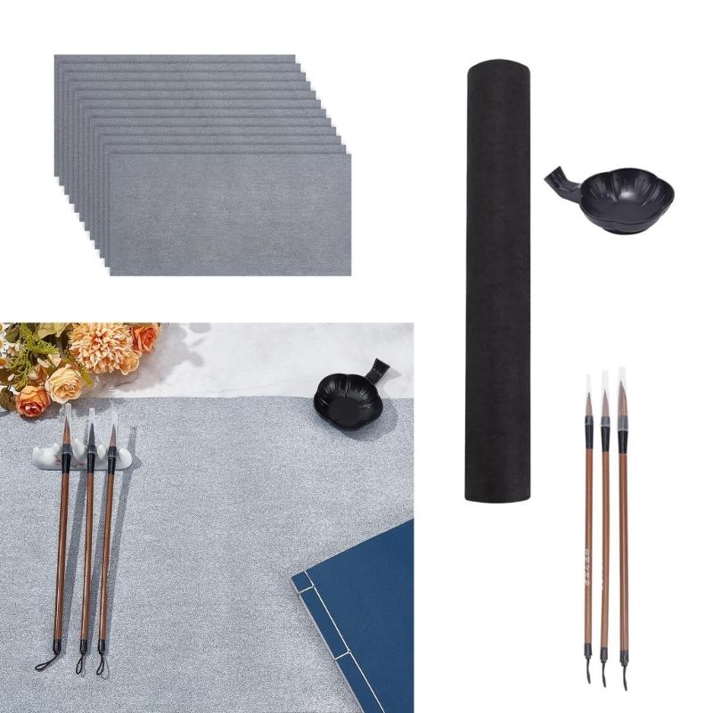 16Pieces Chinese Calligraphy Set for Beginner Includes 3 Wood Handle Brush 12 Water Writing Cloth Paper and Inks Dish