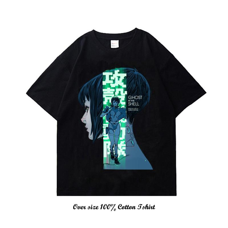90s Anime Ghost In The Shell Pánské tričko Potisk Vintage Streetwear Hip Hop Oblečení Krátký rukáv Nadměrné Ležérní Bavlněné tričko