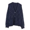 Women's Blue Plaid V-Neck Loose Knit Cardigan Sweater Coat for Autumn & Winter