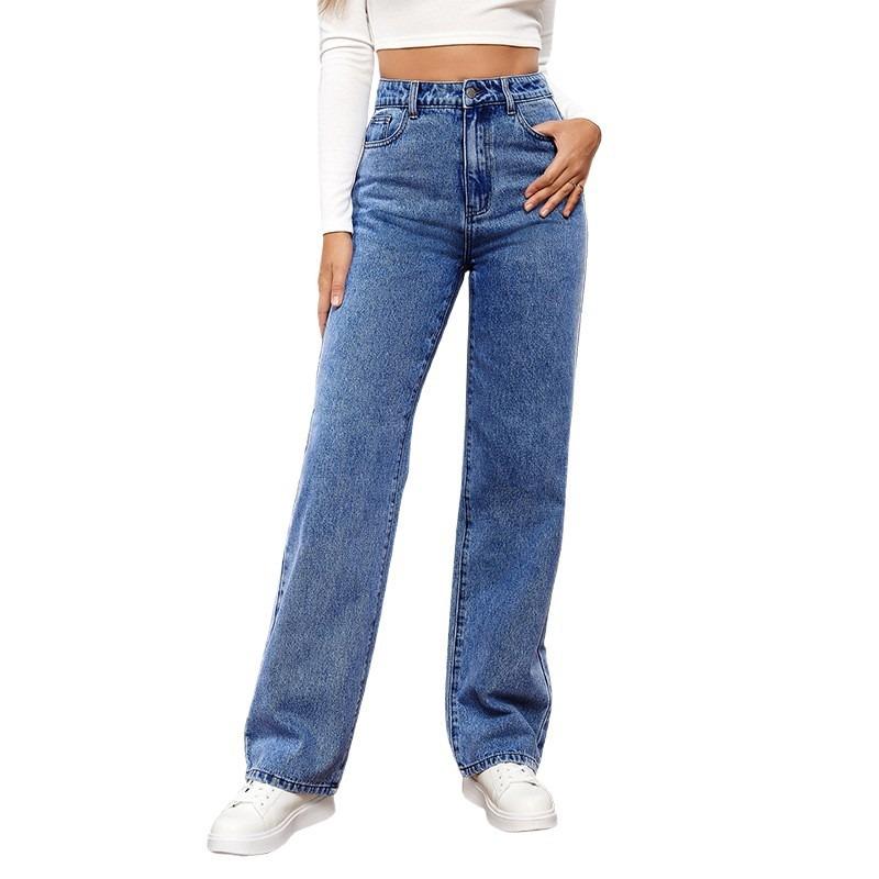 Jean pour femme taille haute délavé Long à la mode et polyvalent Pantalon à jambe droite