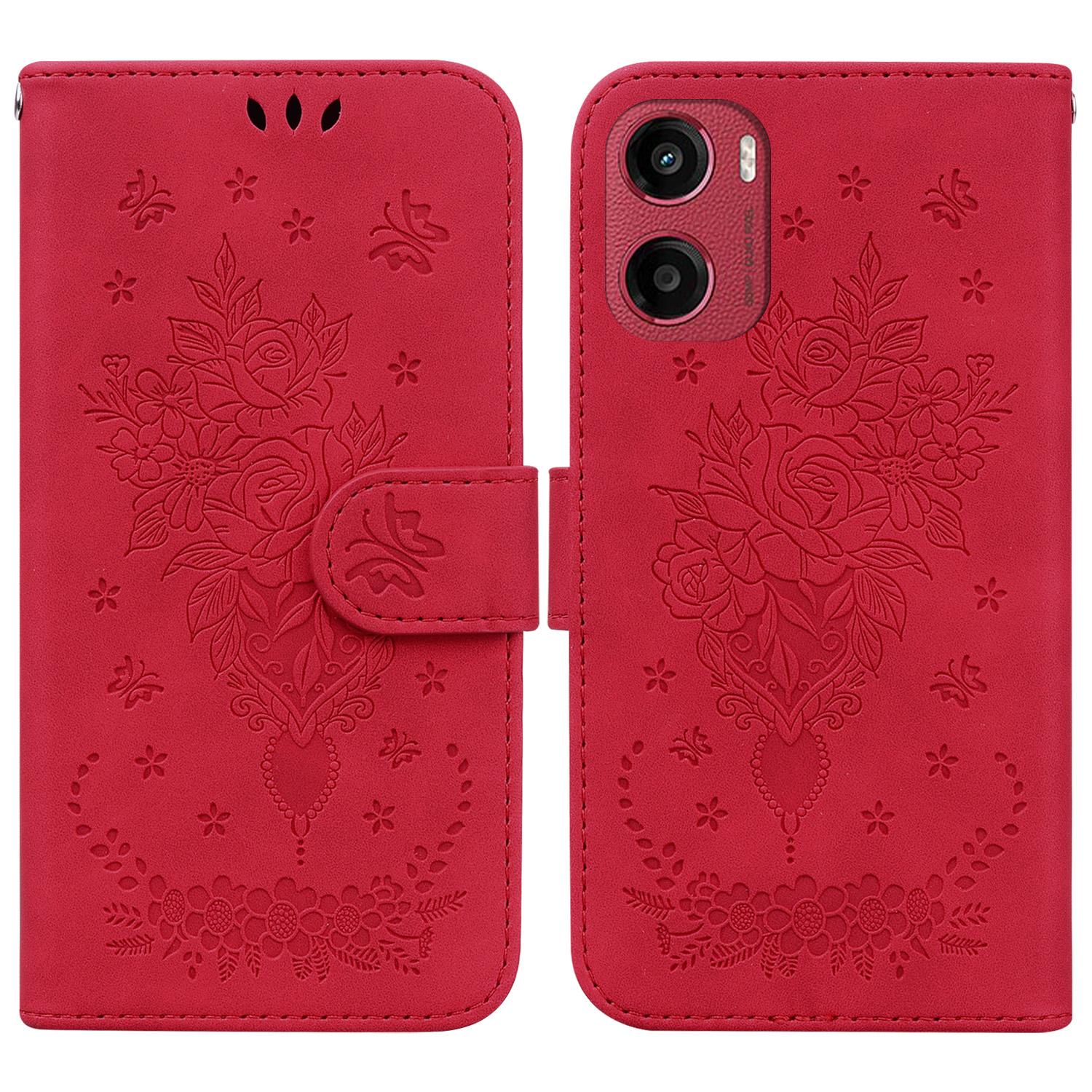 

For Motorola Moto G05 4G/E15 4G Case PU Leather Wallet Phone Cover Butterfly Flower Imprint Red