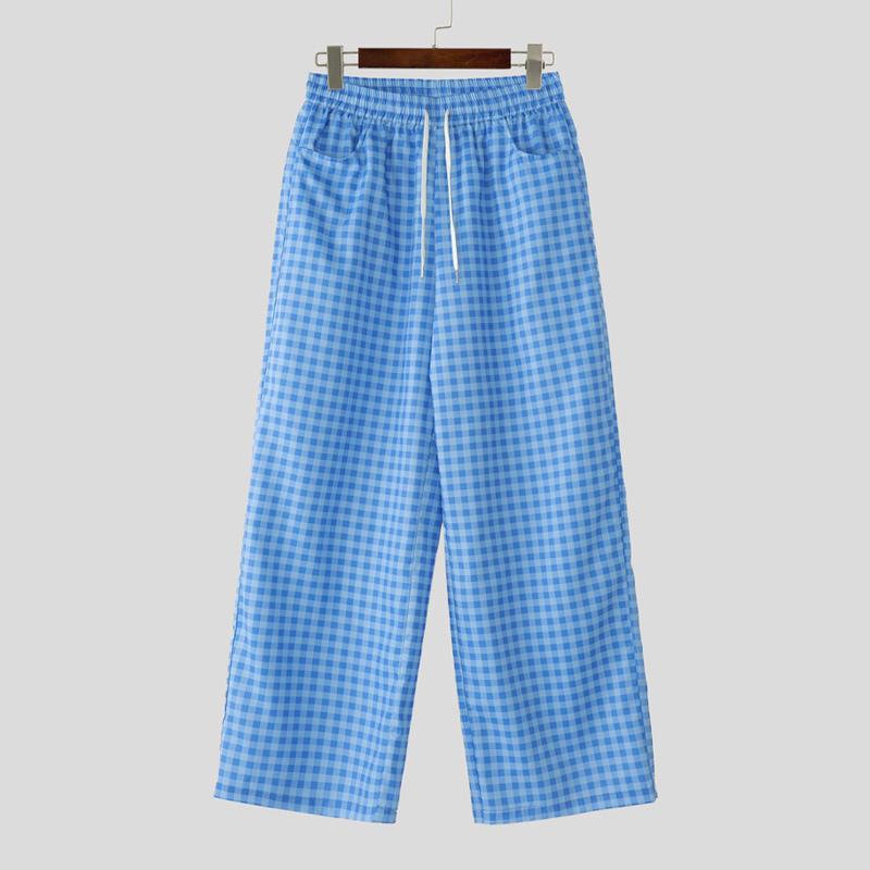 

INCERUN Мужские клетчатые повседневные длинные прямые брюки на резинке с кулиской 2XL синий