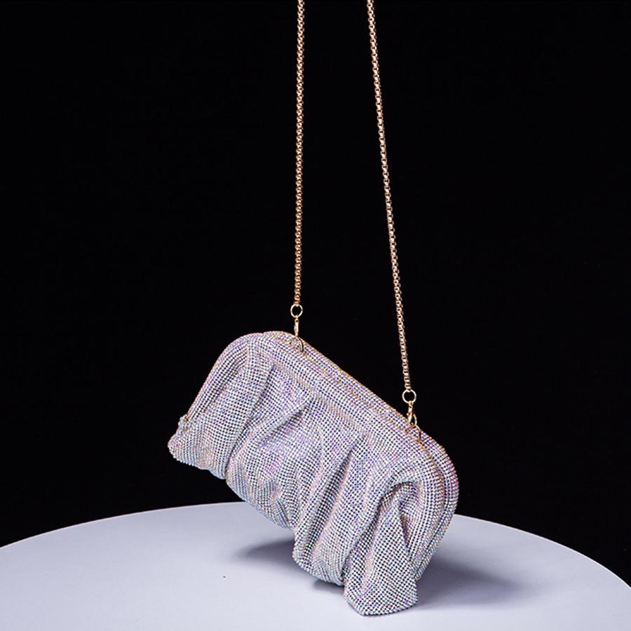 Shiny  Pleated Clutch Evening Bag for Women Chains Dumpling Bags New Folds Crystal Bags Bag
