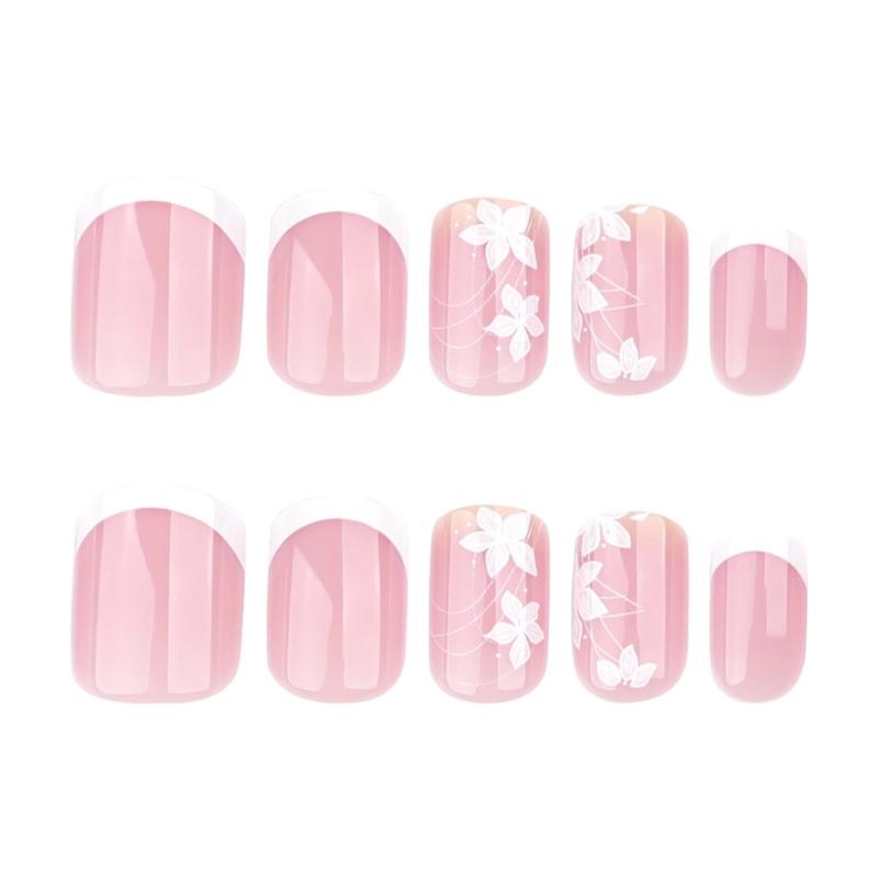24 Piezas de Uñas Francesas Cuadradas Press-on con Diseños Florales Cobertura Completa Uñas Adhesivas Arte de Uñas de Moda para Primavera