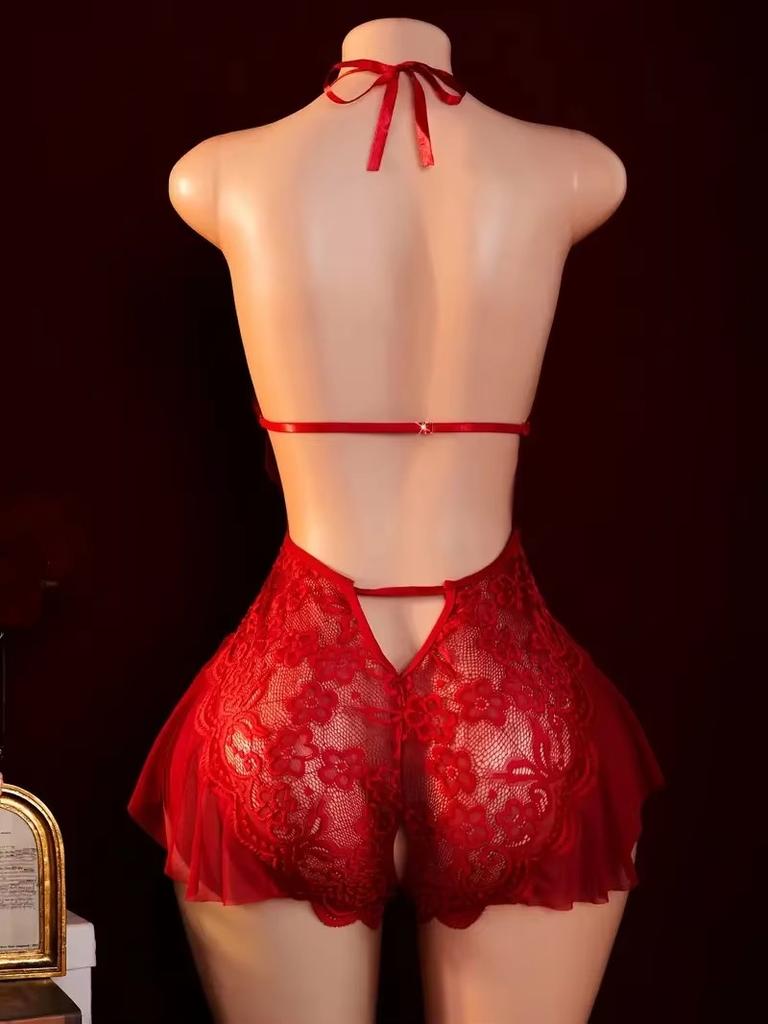 Sexy Crotchless Underwear Women Lace Hollow Bra Set Erotic Costume Teddy Baby Doll Dress Deep V Open Bra Porn Lingerie Set