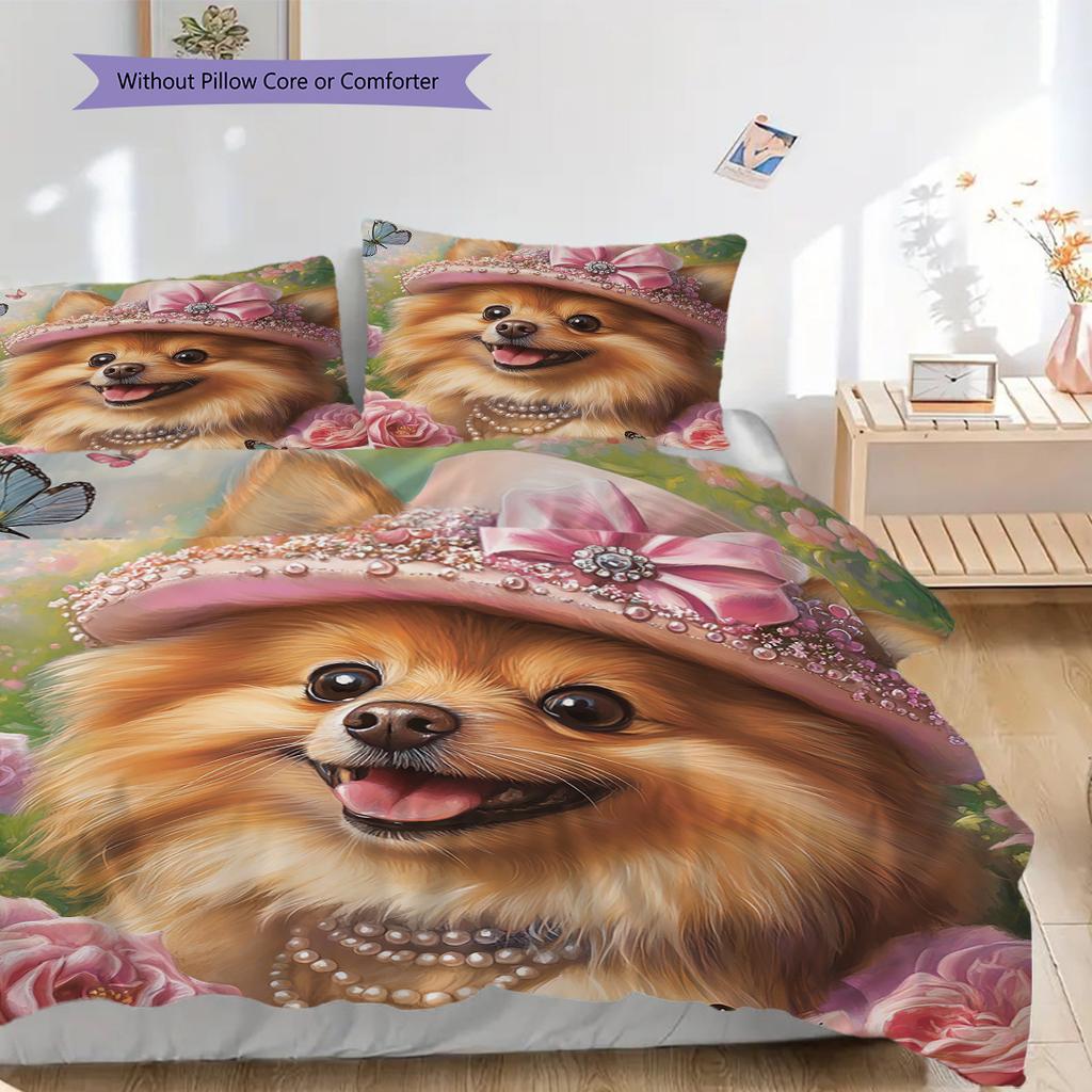 Pomeranian Pattern Bedding Quilt Set Quilt Cover Pillowcase Home Decoration Birthday Gift (1 * duvet cover + 2 * pillowcase, without core)