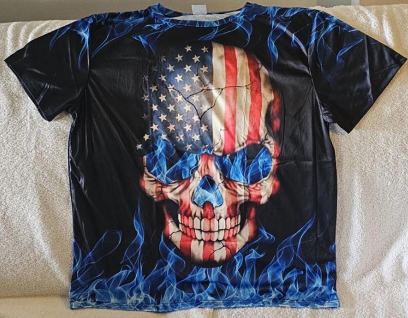 SKULL BLUE FLAMES FIRE USA UNITED STATES FLAG HORROR SCARY T-shirt 3XL