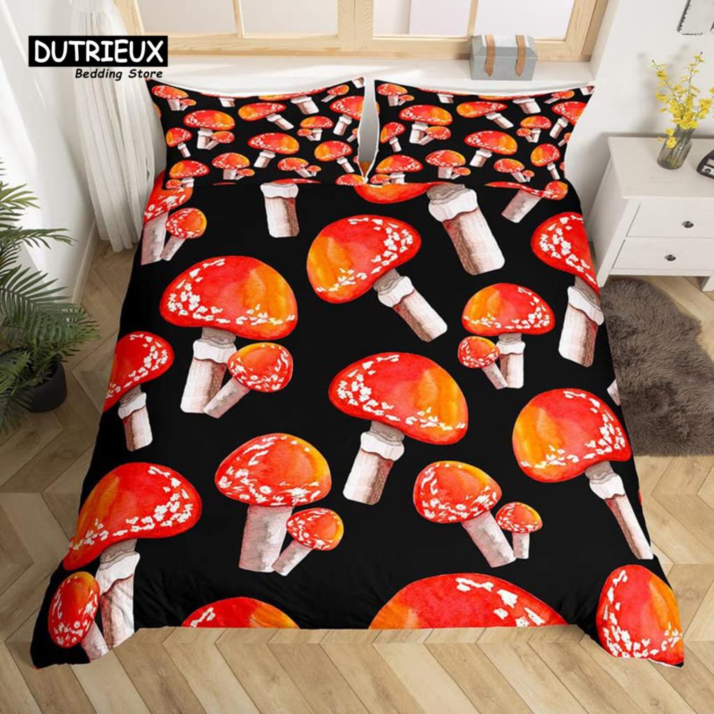 Cartoon Mushrooms Duvet Cover Kawaii Fungus Bedding Set Wild Mushroom Stuff Comforter Cover Twin King for Boys Girls Room Decor