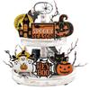 Halloween Spooky Tiered Tray Decor Set with Witch Skeleton Bat and Spider Wooden Signs for Table Centerpiece Shelf Display