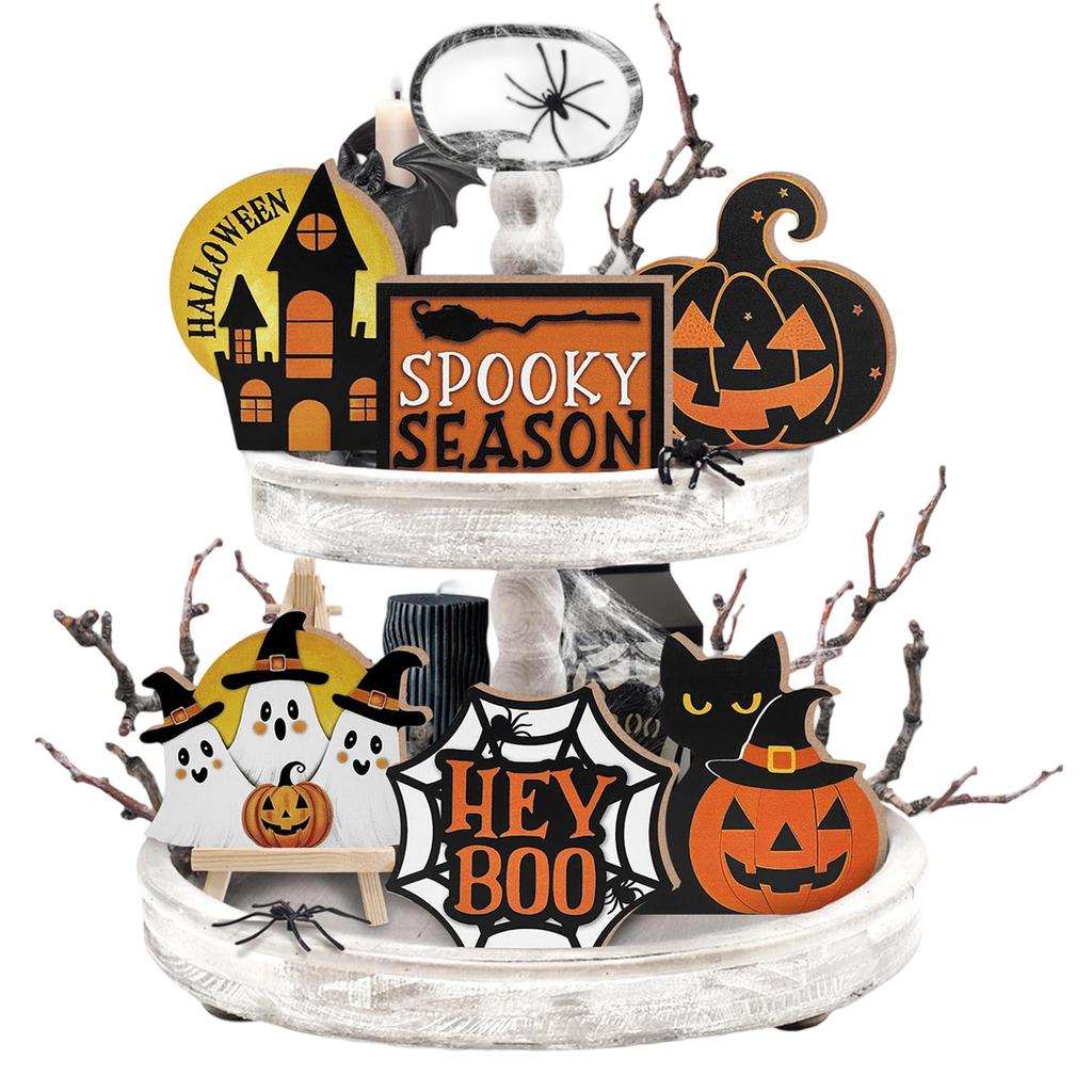 Halloween Spooky Tiered Tray Decor Set with Witch Skeleton Bat and Spider Wooden Signs for Table Centerpiece Shelf Display