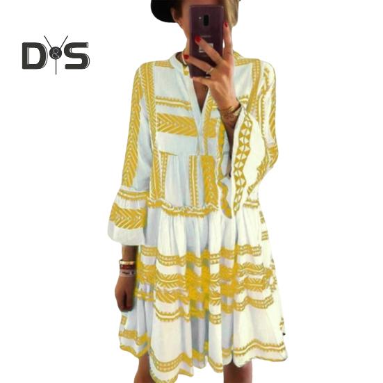 

Женское летнее плиссированное короткое платье с оборками, рукавами 3/4, V-образным вырезом, застегивающимся на пуговицы, мини-платье в стиле бохо, свободный струящийся пляжный сарафан M жёлтый