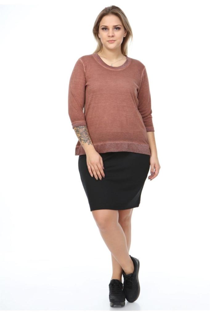 Damen Übergröße Bluse Orange Rundhalsausschnitt Ärmel Glitzer-Details Ölwasch-Bluse