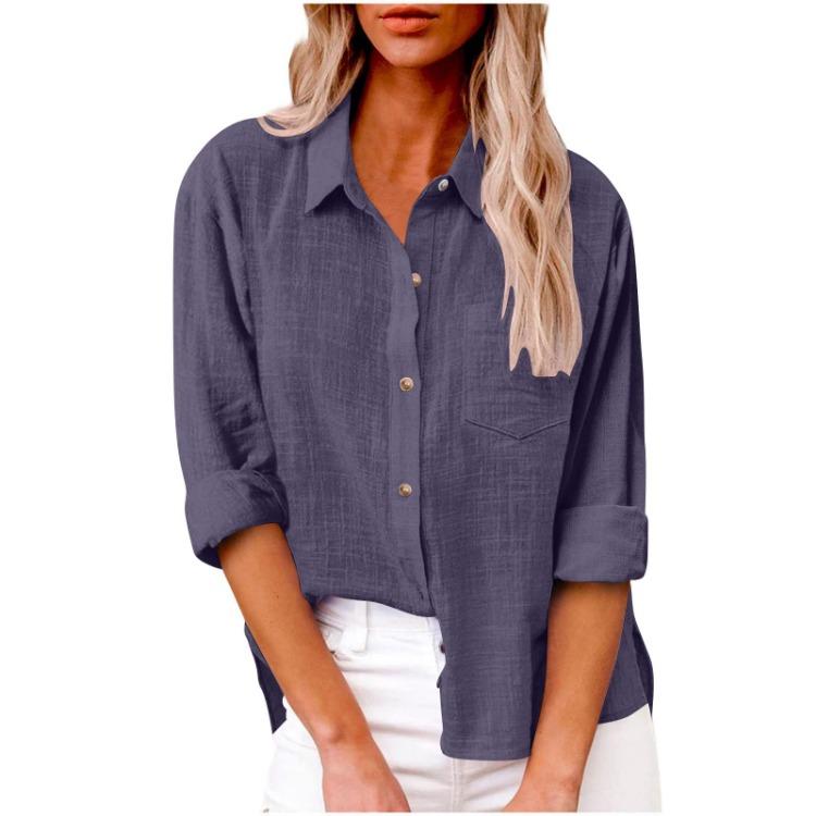 Spring Fall Lapel Long Sleeve Blouse Women Tops Solid Color Cotton Linen Button Up Shirt with Pocket