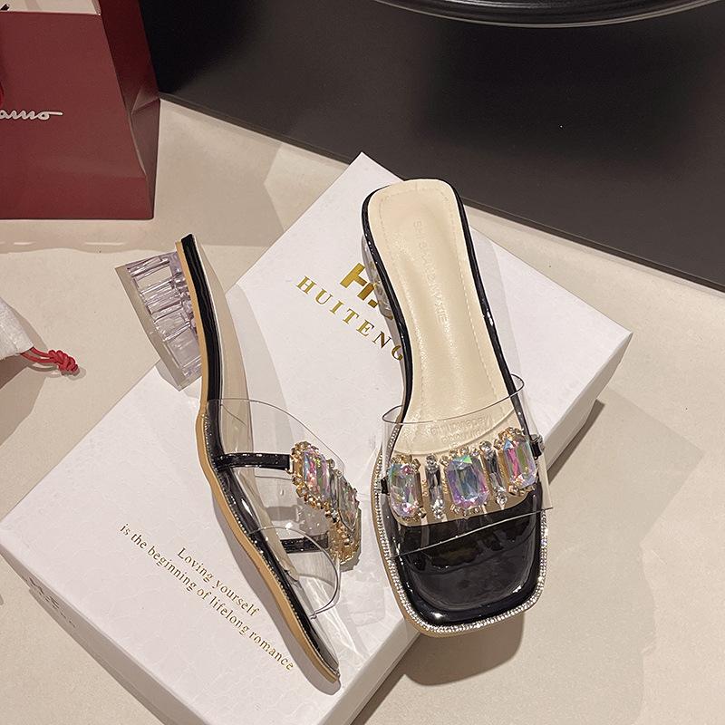 

Fashion 2025 Women s Summer Outdoor New Style Fashion Transparent Crystal Water Diamond Sandals with Thick Heels Elegant and Beautiful 35 чёрный