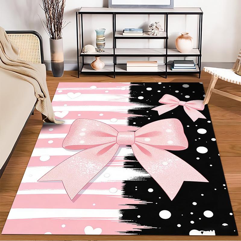 Pink Bow Striped Carpet with Hearts and Black Accent Design Suitable for use as an anti-slip for living room bedroom sofas