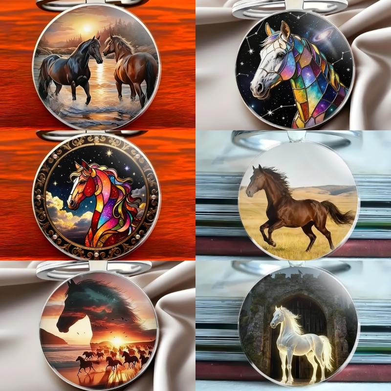 Fashion Vintage Horse Pattern Design Dome Glass Alloy Keychain Backpack Pendant Hanging Decoration Car Keyring Gifts