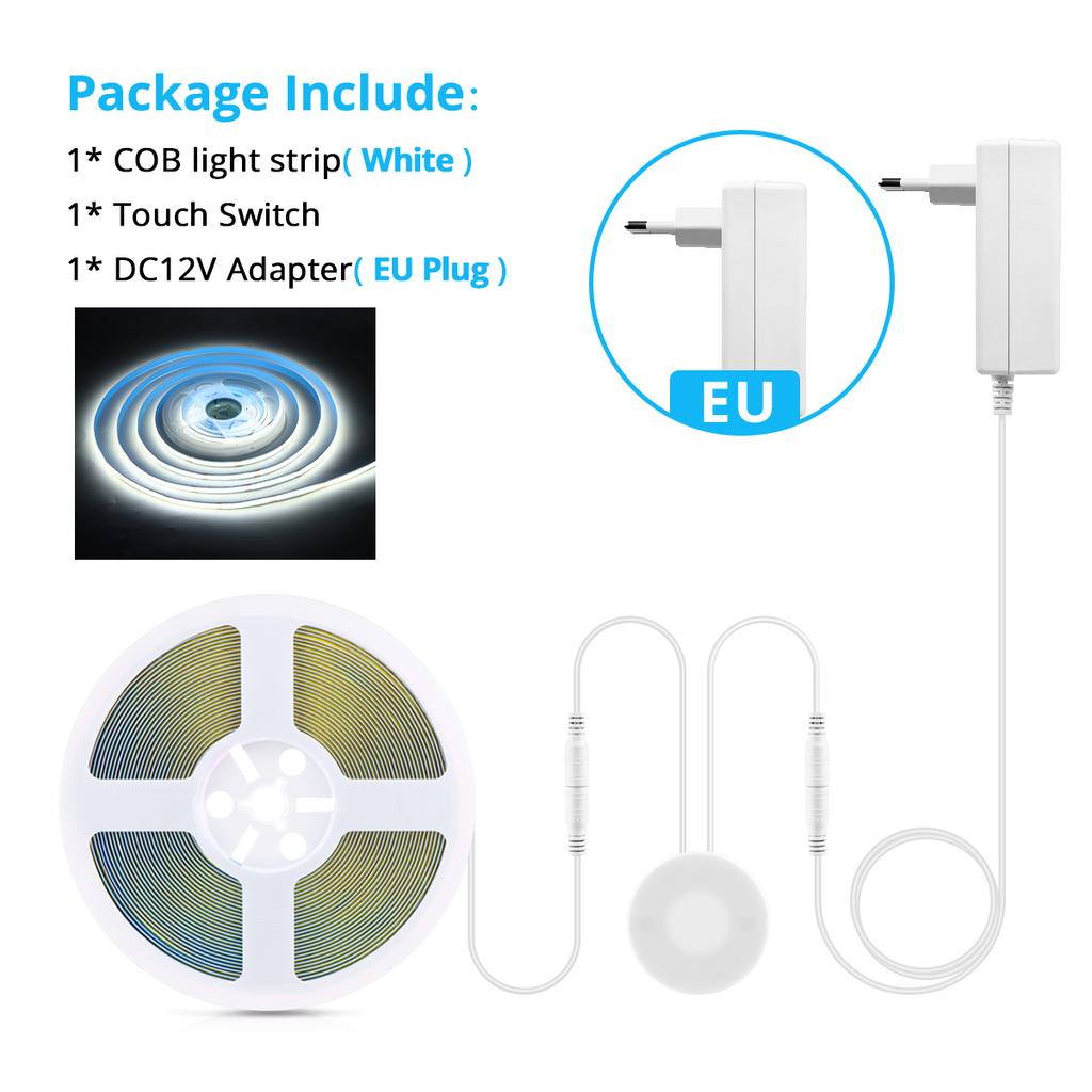 Touch Dimmer and Hand Sweep Induction Switch Flexible COB LED Strip Light 12V 320 LEDs/M LED Light Tape Bedroom Kitchen Lighting