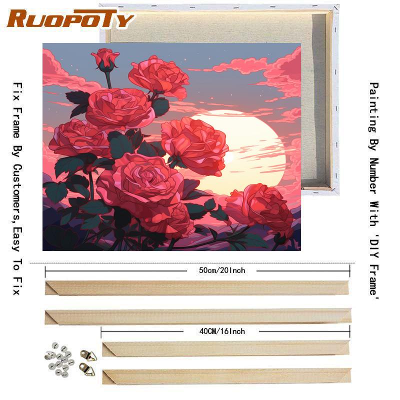 RUOPOTY Ramă Diy Pictură cu numere Kit Moon Rose Poza Desen Colorat după numere Artizanat pentru decorarea casei
