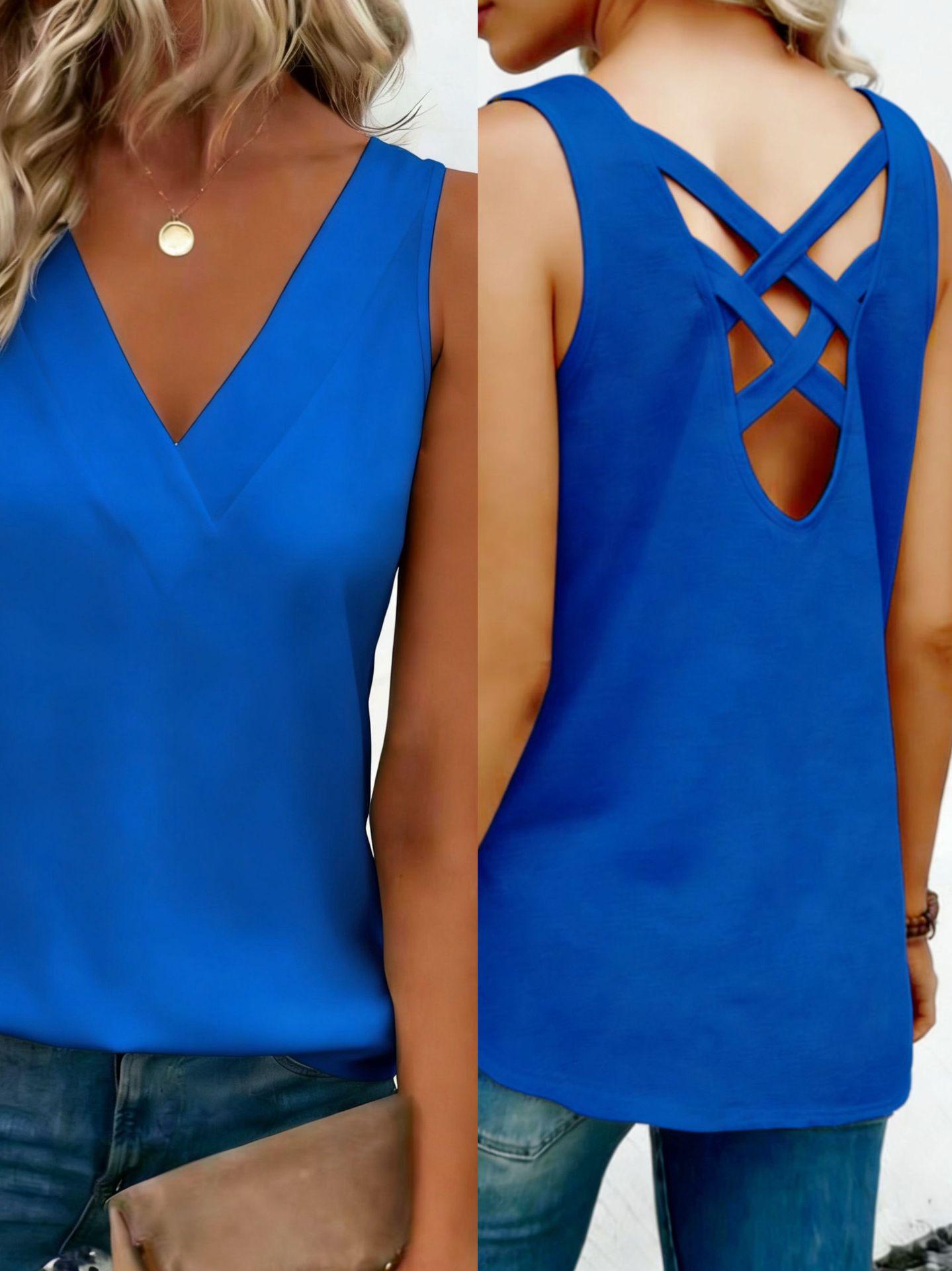 

European and American Plus Size Women s Solid Color Summer Vest with Back Cross Straps 0XL синій