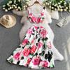 Summer Designer Rose Print Runway 2 Piece Set Women's Spaghetti Strap Vest Tops And Long Midi Skirt Holiday Beach Suit