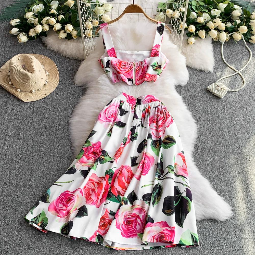 Summer Designer Rose Print Runway 2 Piece Set Women's Spaghetti Strap Vest Tops And Long Midi Skirt Holiday Beach Suit