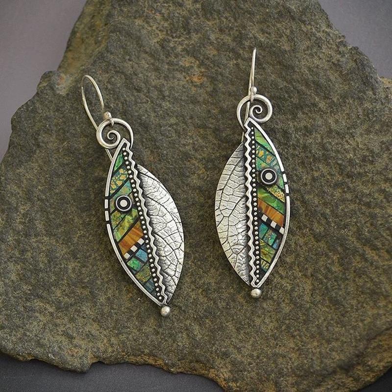 Bohemian Colore Tono Verde Metallico Foglia Pendente Sposa Orecchini da Sposa Donna Retro Tribale Astratto Pietra Colorata Pendenti Vintage Pendenti