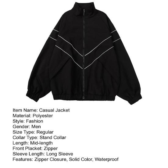 Men Spring Autumn Jacket Coat Stand Collar Long Sleeve Solid Color Reflective Striped Jacket Streetwear