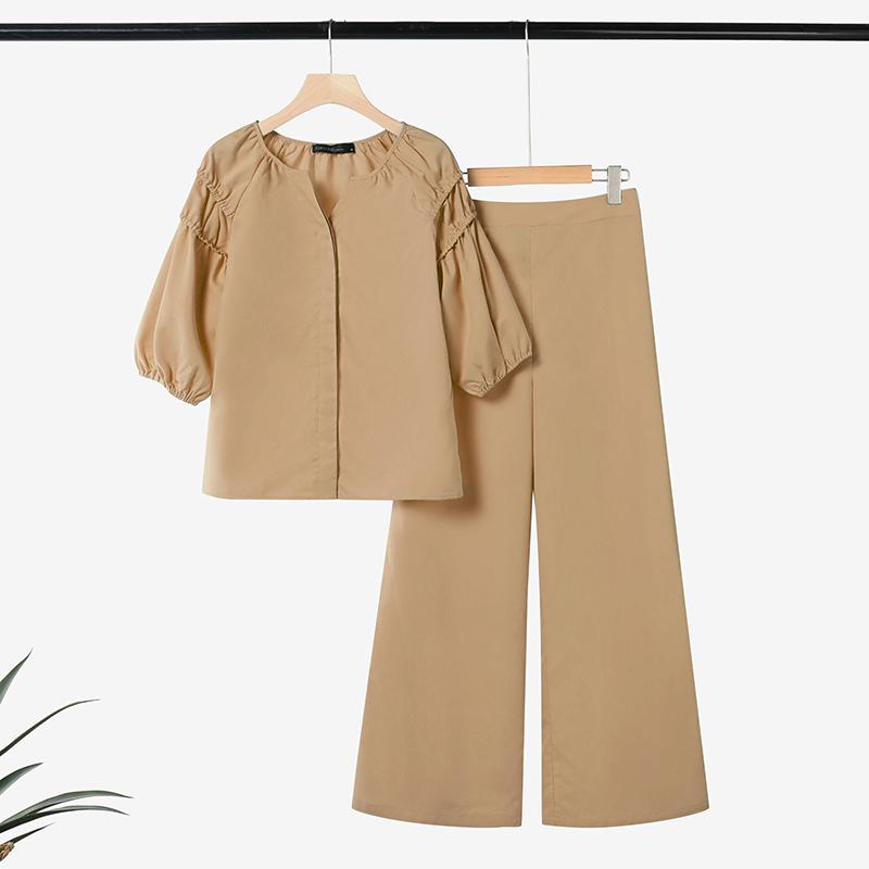 

ZANZEA Женский костюм-двойка: блузка с рукавом три четверти и брюки, летний 4XL хаки