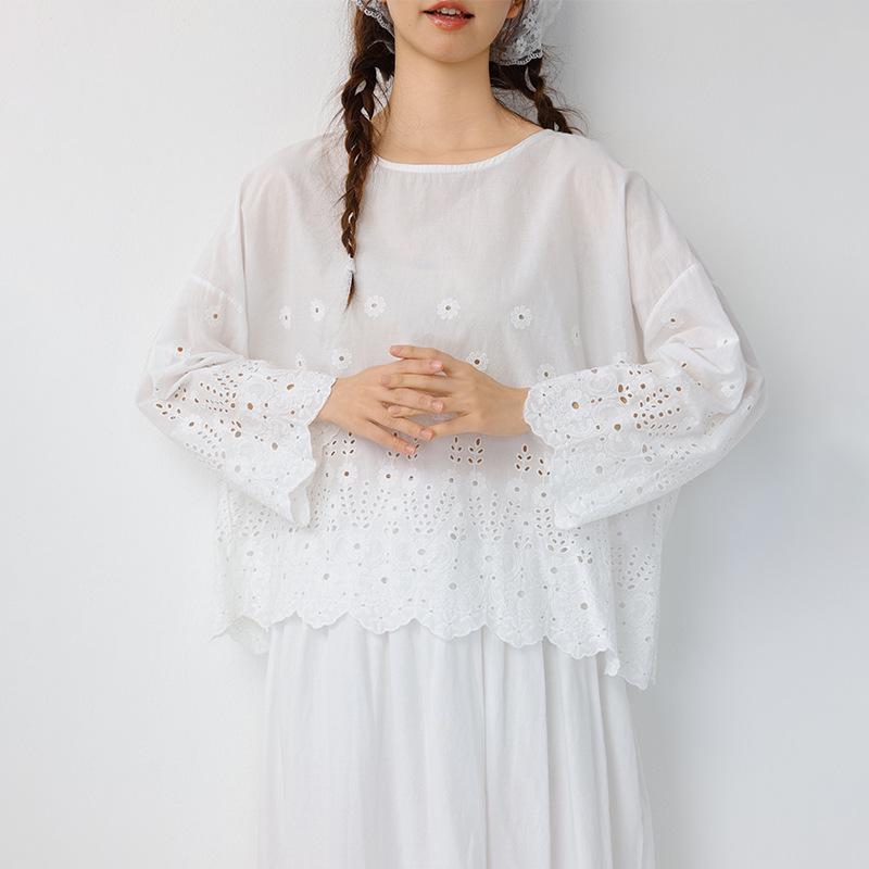 

Japanese Literary Embroidered Lace Long Sleeve T-shirt & Skirt Set - Women s Pure Cotton Casual Fashion One Size