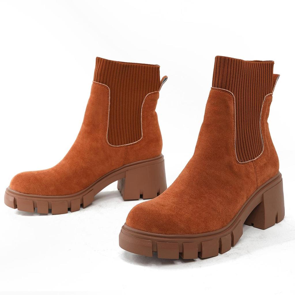 Gdgydh Wildleder-Damen-Chelsea-Stiefel mit Profilsohle, elastischen Sock Booties, zum Hineinschlüpfen, Winter-Plateauschuhe mit mittelhohem Absatz