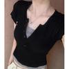 Jiujiu Rayon Embroidery V-neck Black Two-Piece Look Shoulder Short Sleeve Women's Summer Slim Color Block Top