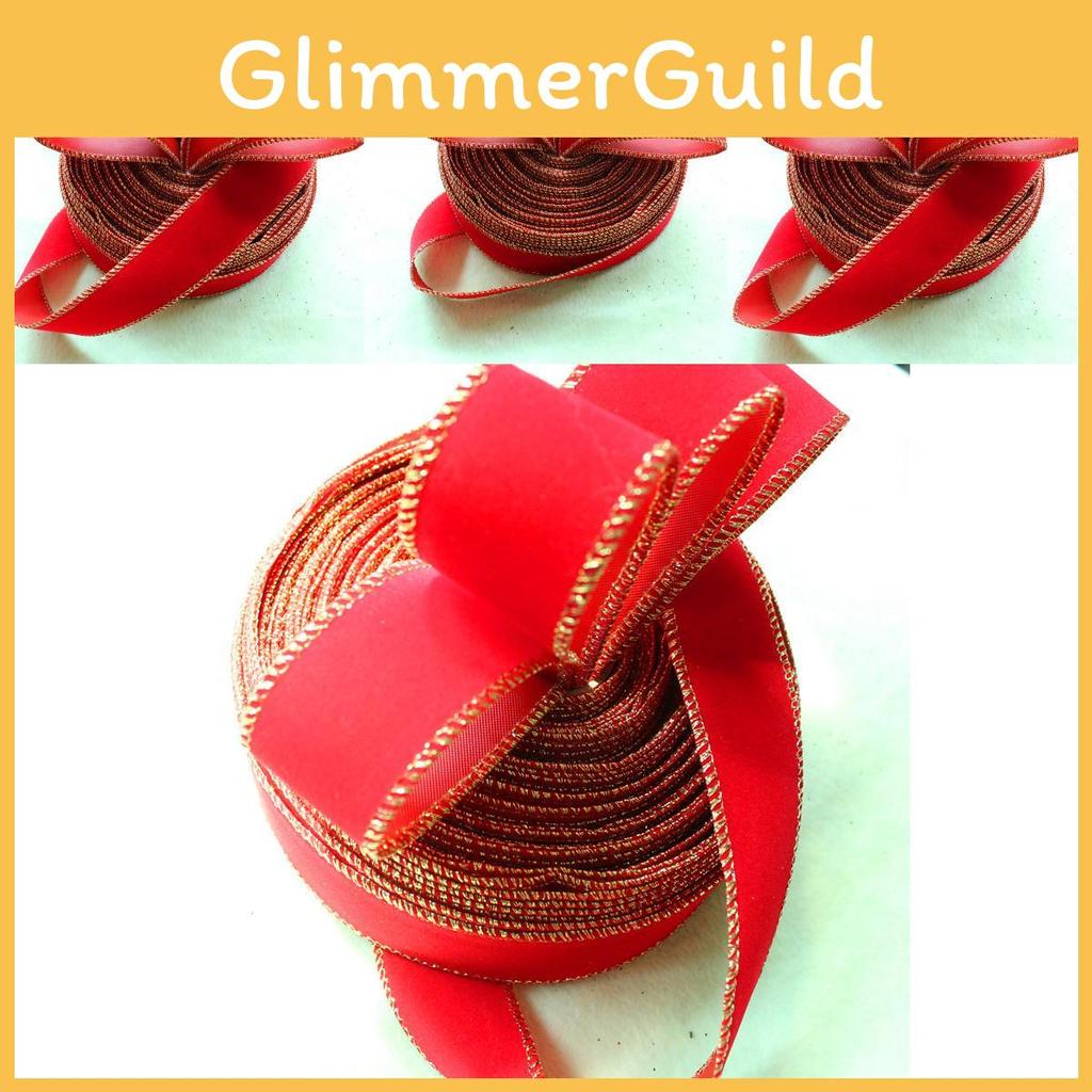Beautiful 2 Meter Red Gold Edged Velvet Ribbon Perfect For Christmas Tree Decor