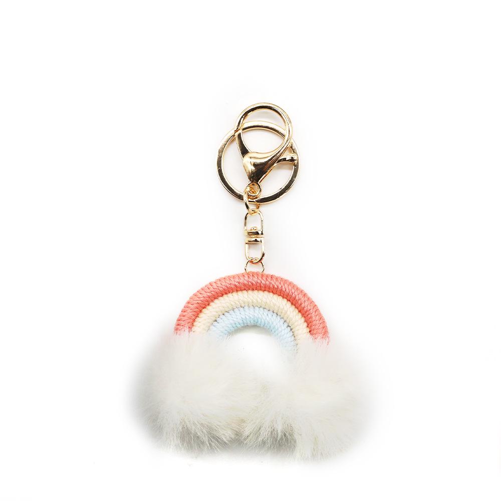Korean Style Rainbow Fluffy Ball Keychain - Handmade Woven Bag Pendant