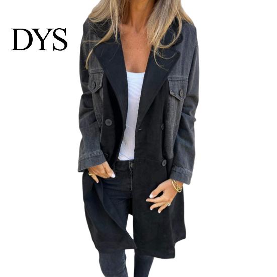Chaqueta Cardigan de Manga Larga para Mujer Primavera Otoño Abrigo Vaquero Sobretodo Patchwork Doble Botonadura Dama Holgada con Bolsillos con Solapa Bloque de Color Longitud Media