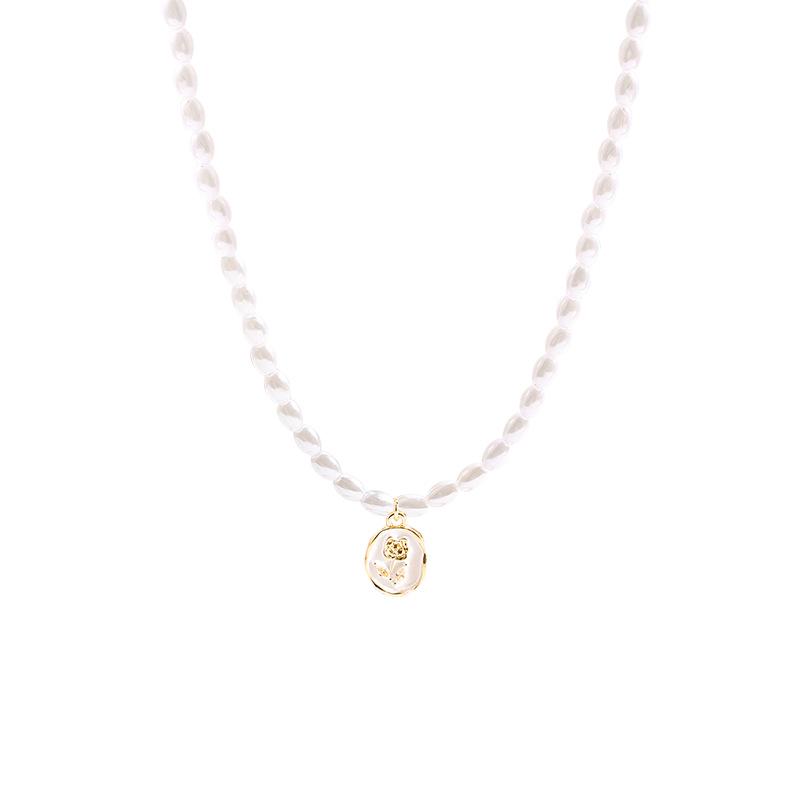 French Retro Pearl & Rose Pendant Necklace - Trendy Korean Design