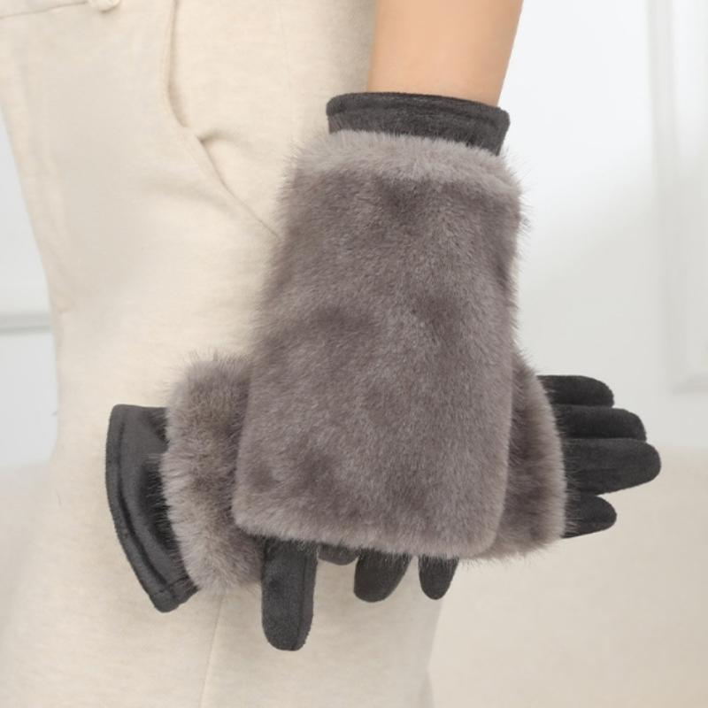 Damen Herbst- und Winterhandschuhe aus Kaninchenfell plus Samt verdickt winddicht und warm Reiten Kälteschutz Touchscreen Wildlederhandschuhe
