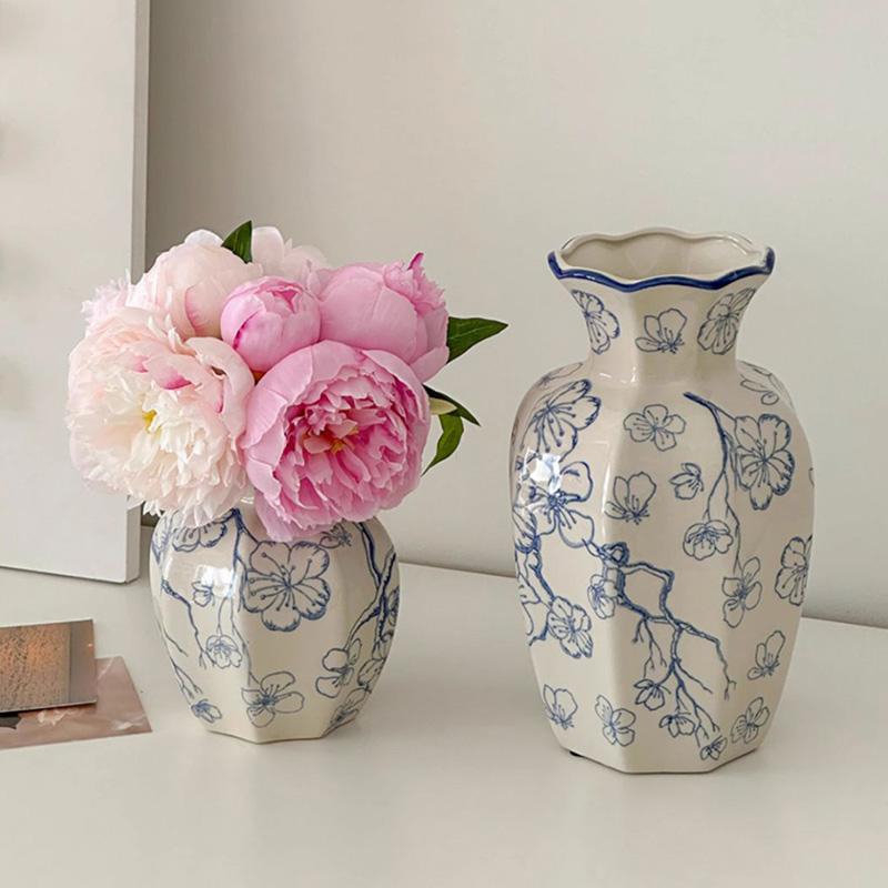 Vintage Keramiske Blomster vaser Retro Pastorale Ottekantet Vase Hydroponisk Blomsterpotte Æstetisk Dekorativ Vase Blomsterarrangement