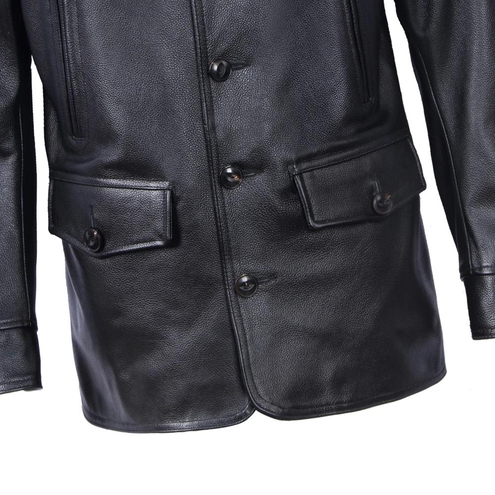 Long Jacket Men Genuine Cow Leather Wind Coat Classic Black Plus Size Jackets Casual Cloths