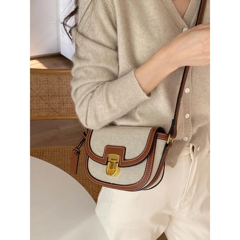 2024 New Small Style Contrast Panel Canvas Retro One Shoulder Crossbody Saddle Bag Handbags