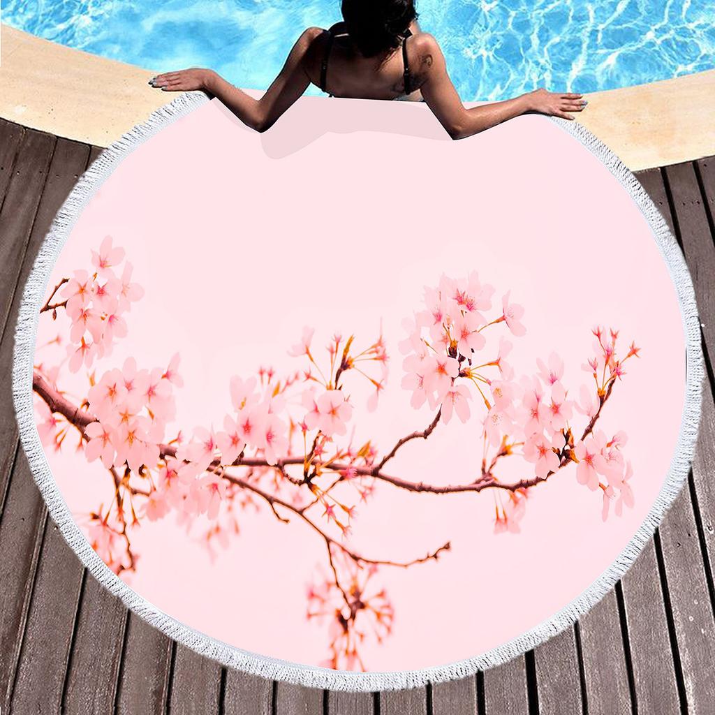 Beautiful Peach Blossom Round Beach Towel with Tassel,Microfiber Sand Free Quick Dry Botanical Floral Circle Bath Towel Yoga Mat