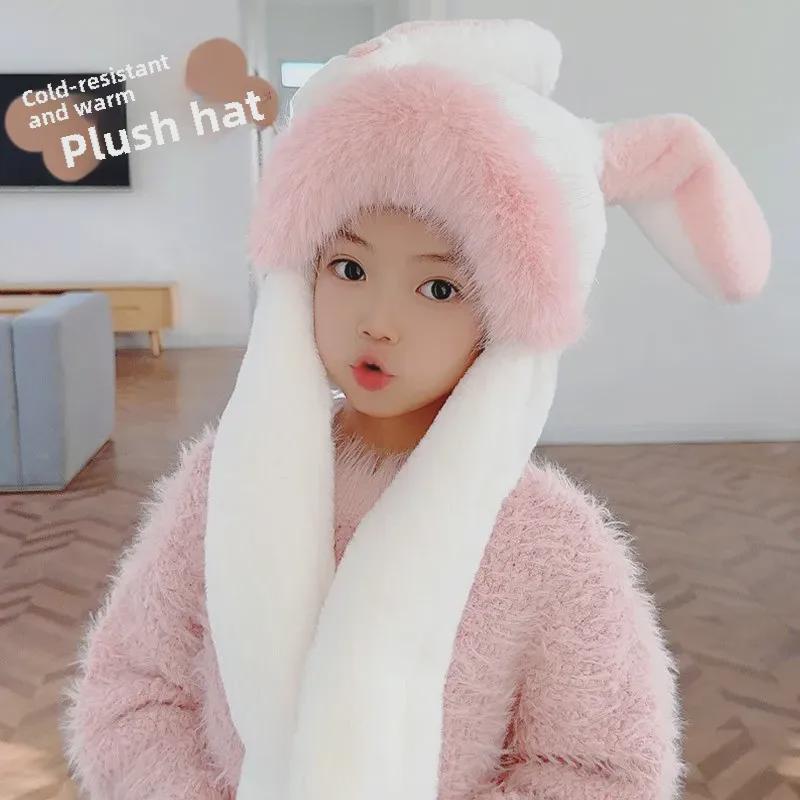 Cute Rabbit Ear Children's Hat & Scarf Combo - Plush, Warm, and Movable Ears for Girls.