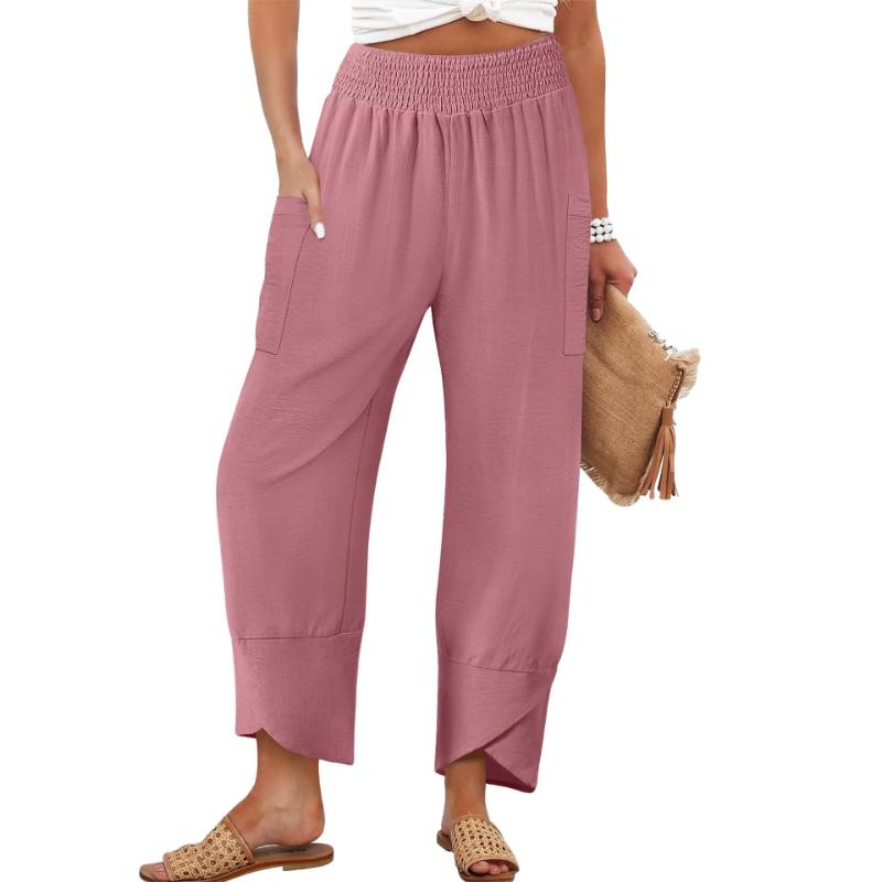 

Женские 2025 Новые Осенние Повседневные Брюки с Высокой Посадкой Однотонные Свободные из Хлопка и Льна S розовый