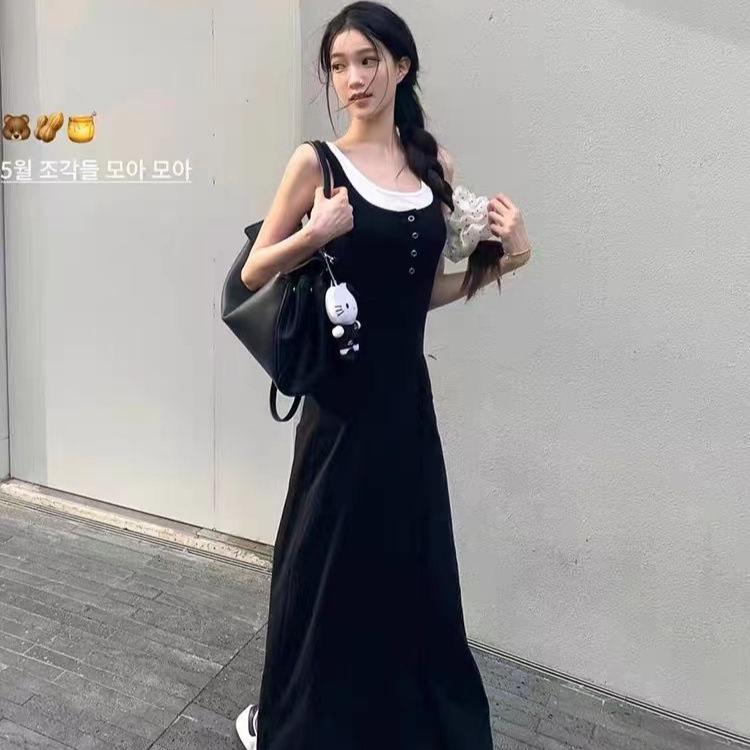 

Black Spaghetti Strap Two-Piece Dress - Summer 2025 French Style for Women L чорний