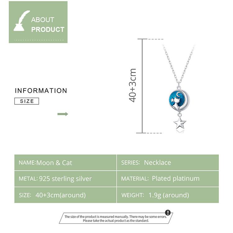 WOSTU 925 Silver Moon & Cat Star Necklace Blue Enamel Long Chain Link Necklace For Women Fashion Jewelry CQN422
